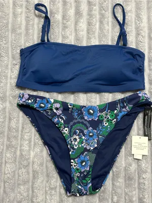 Amazon Essentials Navy Blue Floral Bandeau Bikini Set thumbnail 1