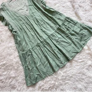 New In Sage Green Pleated Mini Dress - Linen Blend - Ruffle Sleeve - Size M thumbnail 3