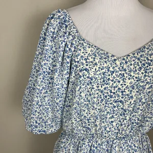 Mikarose Dress Womens Large Blue Floral Puff Sleeve Milkmaid Smocked Pockets‎ L thumbnail 5
