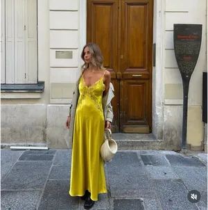 Zara Lace-Trim Slip Satin Maxi Dress in Mustard Chartreuse Yellow thumbnail 2