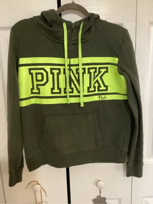 Victoria's Secret PINK Olive Green Hoodie with Neon Green Accents thumbnail 1