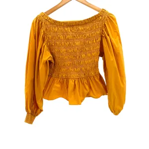 Free People Whoa Smocked Top M Mustard Yellow Poplin Puff Sleeve Peplum Blouse thumbnail 7