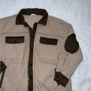 La Miel Brown & Tan Shacket Sweater Flannel Style Small oversized w/ elbow patch thumbnail 1