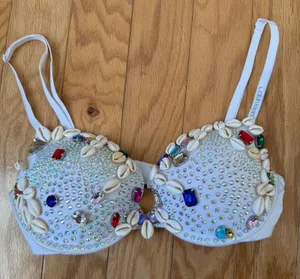 Custom Rhinestone Shell‎ Mermaid Calvin Klein Bra Festival Beachwear sz 34C thumbnail 1