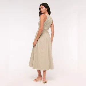 Abercrombie & Fitch Light Brown Check High Neck Drop Waist Sleeveless Midi Dress thumbnail 4
