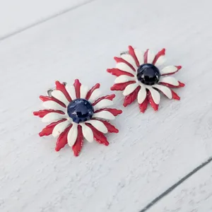 Vintage Clip On Earrings Red, White, Blue Statement Flower thumbnail 3