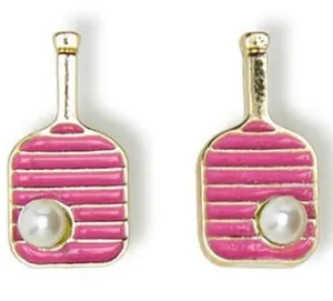 NWT Two's Company Pickleball Earrings Pink with Pearl Gift Accessory Pickleball thumbnail 1
