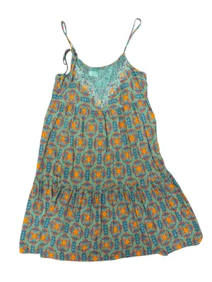 Natural Life Sleeveless Lace Inset Tiered Mini Dress Floral Teal Orange Medium thumbnail 4