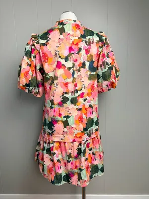 THML Floral Puff Sleeve Drop Waist Dress Pockets Small thumbnail 4