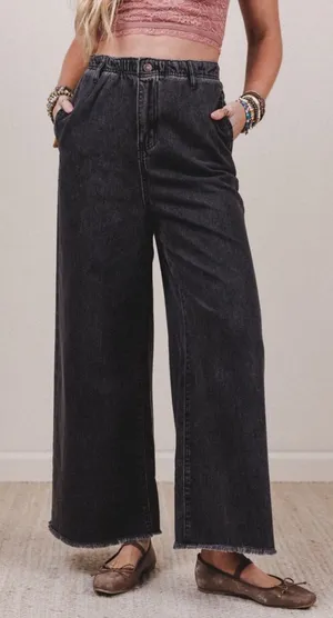 NWT Three Bird Nest Simply You Wide Leg Jeans washed black high-rise Boho Size L thumbnail 1