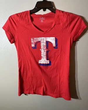 Texas Rangers Womens‎ V Neck T Shirt Red Blue Letter T Graphic MLB Licensed M thumbnail 1