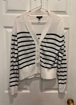 J.Crew Womens Large White Navy Blue Striped Cotton Viscose‎ Cardigan Sweater L thumbnail 1