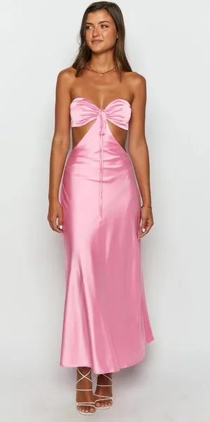 Beginning Boutique Lili Pink Satin Strapless Maxi Dress thumbnail 1