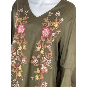 Umgee Boho Dark Green Floral Embroidered Faux Suede‎ Ruffle Sleeve Tunic Dress L thumbnail 4