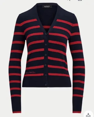 Lauren Ralph Lauren Women Striped Cotton Cardigan Sweater Navy/Red Size Large thumbnail 1