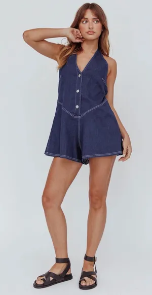Selfie Leslie NWT Glowing halter neck Dark Blue Denim Romper XS MSRP$90 thumbnail 1