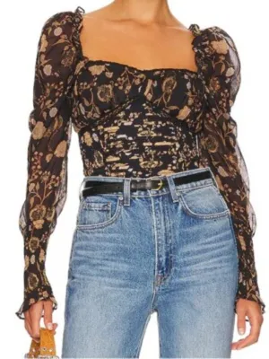Free People Brown Black Floral Brunch Date Puff Sleeve‎ Bodysuit thumbnail 1