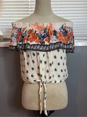 Altar'd State Off Shoulder Floral Boho Tie Front Top Medium thumbnail 4