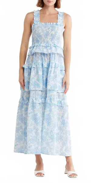 Maisie 100% Cotton Floral Smocked Ruffle Cotton Maxi Dress NWT Blue White XS thumbnail 1