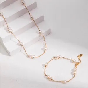 NEW REAL Pearl Sterling Silver 18k REAL goldplated Necklace Bracelet Jewelry Set thumbnail 1
