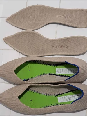 Rothy's Pointed Toe Knit Flats in Light Beige with Blue Trim thumbnail 8