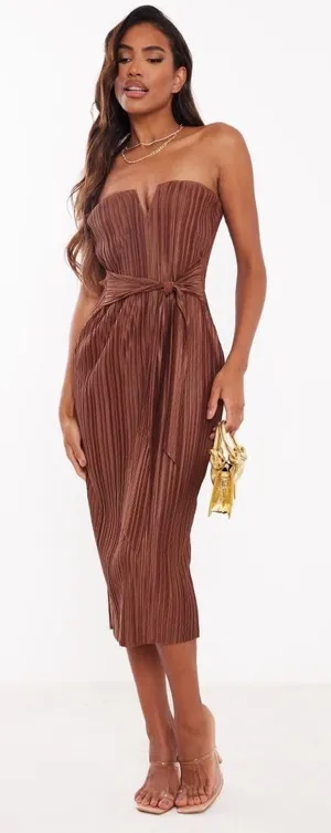 New PrettyLittleThing Chocolate Brown Plisse V Bar Tie‎ Waist Midi Dress Size 4 thumbnail 1