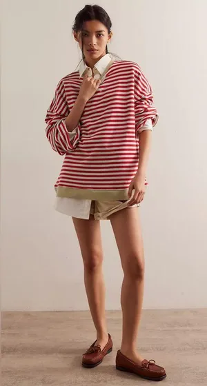 NEW! We The Classic Striped Oversized Crewneck Sweatshirt LARGE Red thumbnail 7