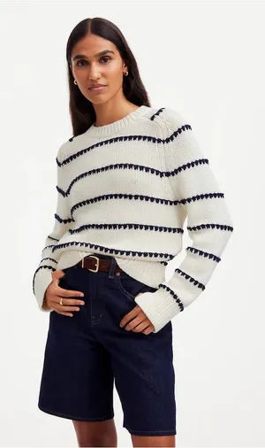 Madewell Textured Cotton Crewneck Sweater in Bright Ivory Navy Stripe thumbnail 1