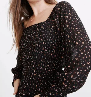 Madewell Black Pink‎ Floral Georgette Lucie Bubble Sleeve Smocked Top thumbnail 1
