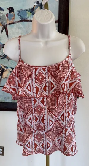 Corsage Tank Top Women's Large Round Neck Ruffle Sleeveless Printed Blouse thumbnail 1
