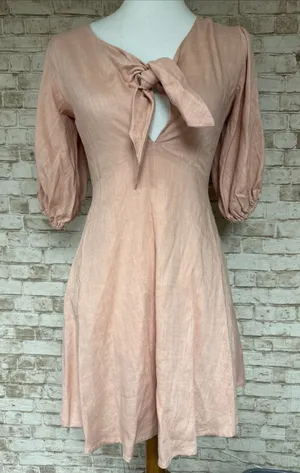 In The Beginning Size S Dress Blush Pink 3/4 Puff Sleeves‎ Tie Front Linen Short thumbnail 1