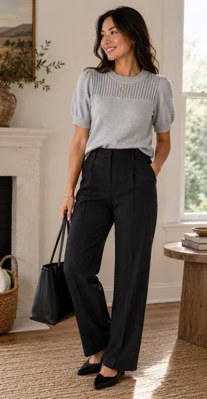 Banana Republic Gray Pointelle Puff Sleeve Sweater Tee XS thumbnail 1