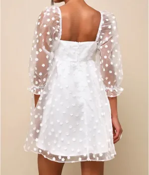 Lulu's White Puff Sleeve with Organza Floral Babydoll Mini Dress thumbnail 2