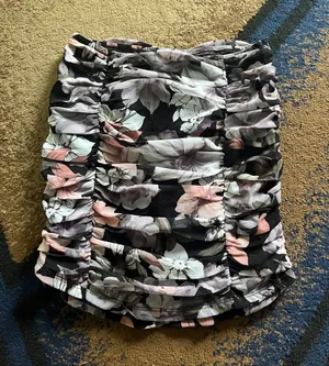 Honey Punch Black Floral Ruffled Mini Skirt with Pink & Cream Blooms thumbnail 1