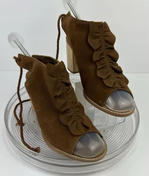 Toms Womens Sandals SZ 8 Elba Brown Suede Open Toe Block Heel Tie Back‎ Ruffle thumbnail 1