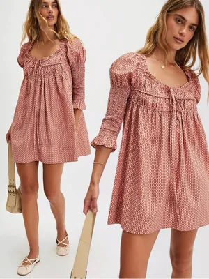 Free People Retro 70s Babydoll Star Dip Mini Dress in Red Combo Size Medium thumbnail 2