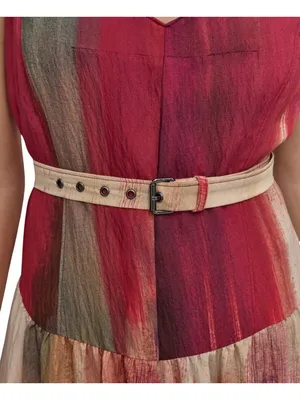 NWT DKNY Womens Abstract V-Neck Belted Dress Midi Brush Stroke Brown Multi 10 thumbnail 3