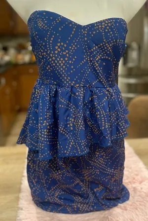 Every Strapless Peplum Mini Dress Womens Size Small Blue Tan Polka Dot Smocked B thumbnail 1