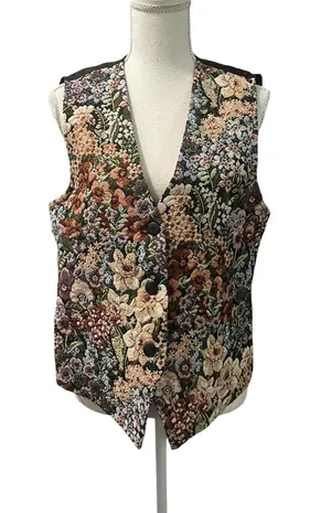 Cabin Creek Colorful Floral Botanical Tapestry Vest Medium Black Back w/Tie thumbnail 1