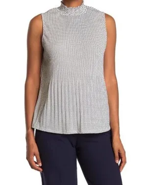 Adrianna Papell Accordion Pleats Sleeveless Smock Neck White/Black Polka Dot Top thumbnail 1