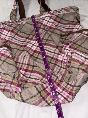 Thirty-one Plaid Distressed Canvas Tote Bag in Pink and Cream thumbnail 7