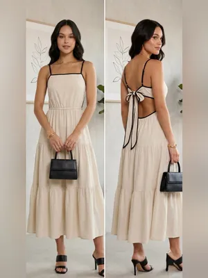 Blu Pepper Hazel Khaki Midi Dress NWT Boho Tiered Open Back Tie Cream Large thumbnail 2