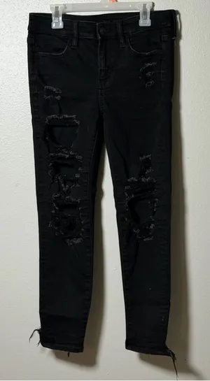 American Eagle Women Black Distressed Level Stretch Denim Jegging‎ Jean 4XShort thumbnail 1