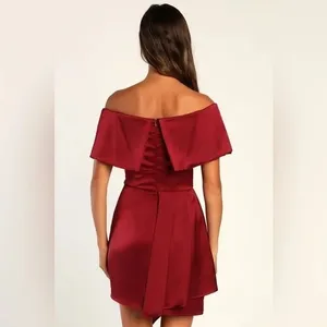 Lulus Always Celebrating Burgundy Satin Off-The-Shoulder Mini Dress Size M thumbnail 8