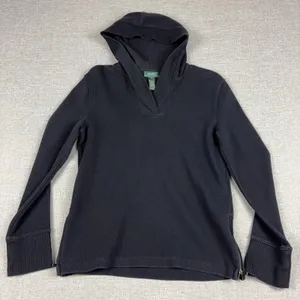Lauren Ralph Lauren Sweater Womens S Black Cotton Hooded V Neck Side Zip Knit thumbnail 1