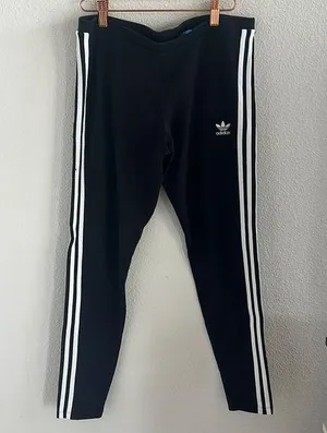 Adidas Essentials 3-Stripes Leggings Black White Embroidered Trefoil Logo Large thumbnail 1