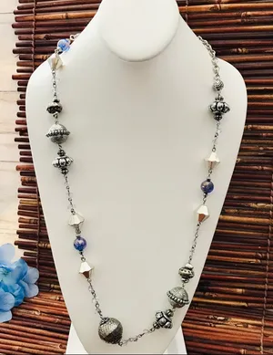 Chico’s Long Silver Tone Beaded Necklace thumbnail 1