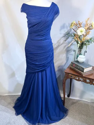 ☀️Tadashi Shoji Cobalt Blue Ruched Arymetric Draped Chiffon Evening Gown Sz 4🧡 thumbnail 3