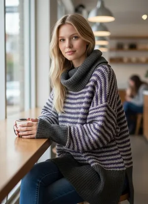 Free‎ People Womens Grey Purple Striped Lambswool Cowl Neck Batwing Sweater M thumbnail 1