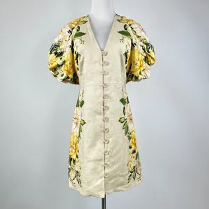 NWOT Farm Rio Linen Sand Garden Cascade Puff Sleeves Mini Dress Size L thumbnail 3